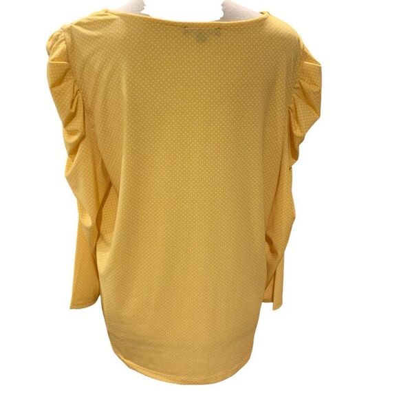 Adrianna Papell Polka Dot Blouse Stretchy Caterpillar 3/4 Sleeve Yellow White Lg - Picture 5 of 7
